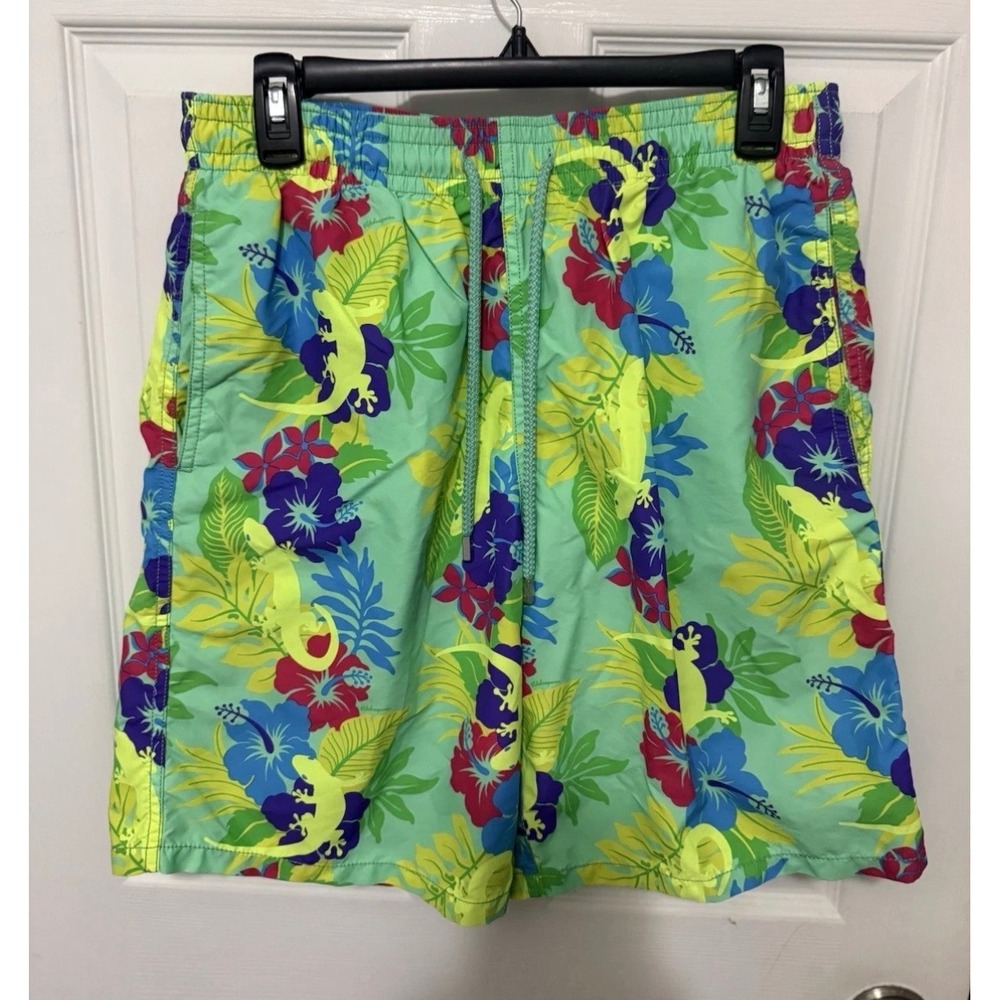 Vilebrequin Moorea Mens Swim Trunks Large Green Tropical Gecko Hibiscus Shorts